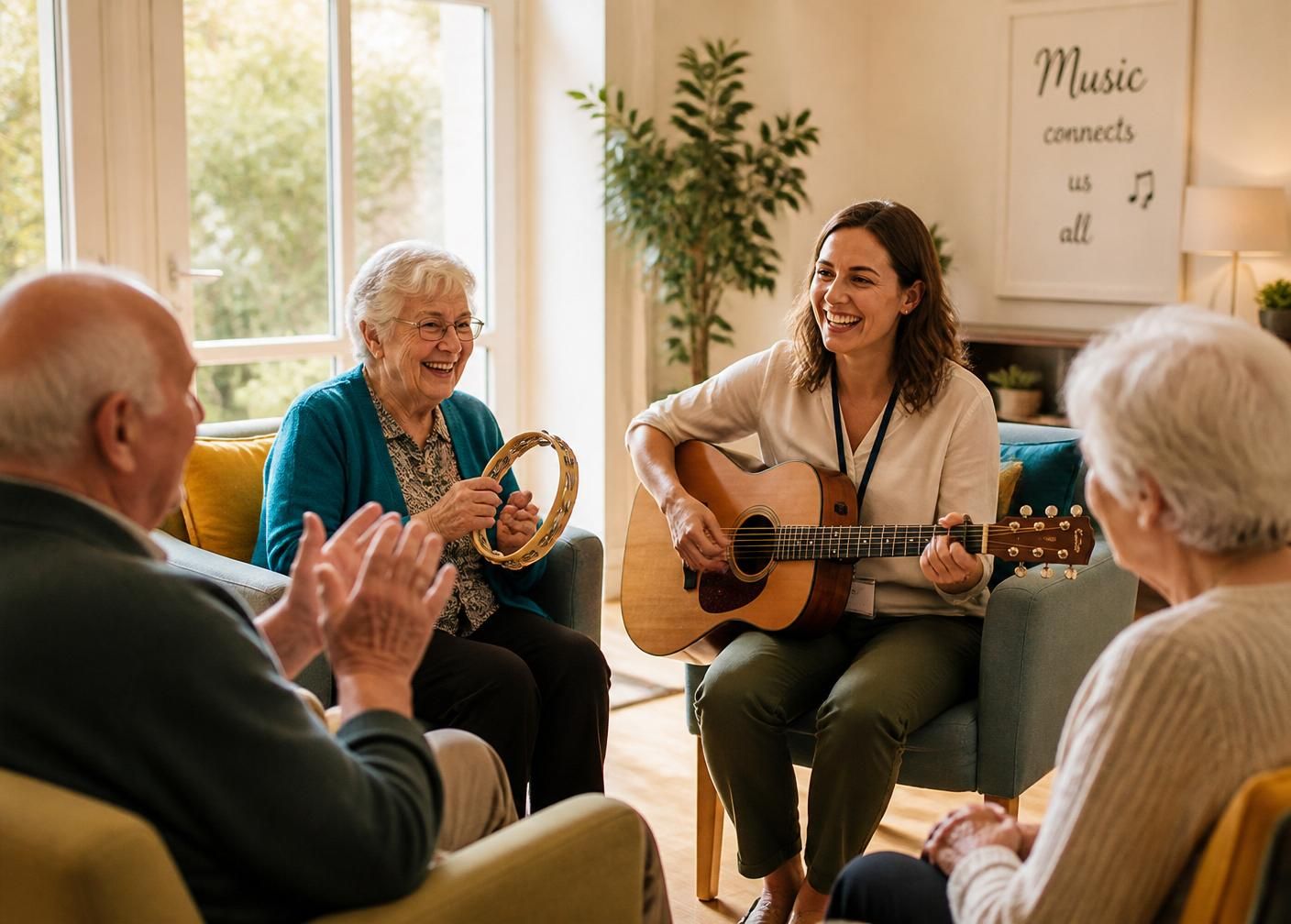 Residentes idosos participando de uma roda de musicoterapia, sorrindo com uma terapeuta tocando violão