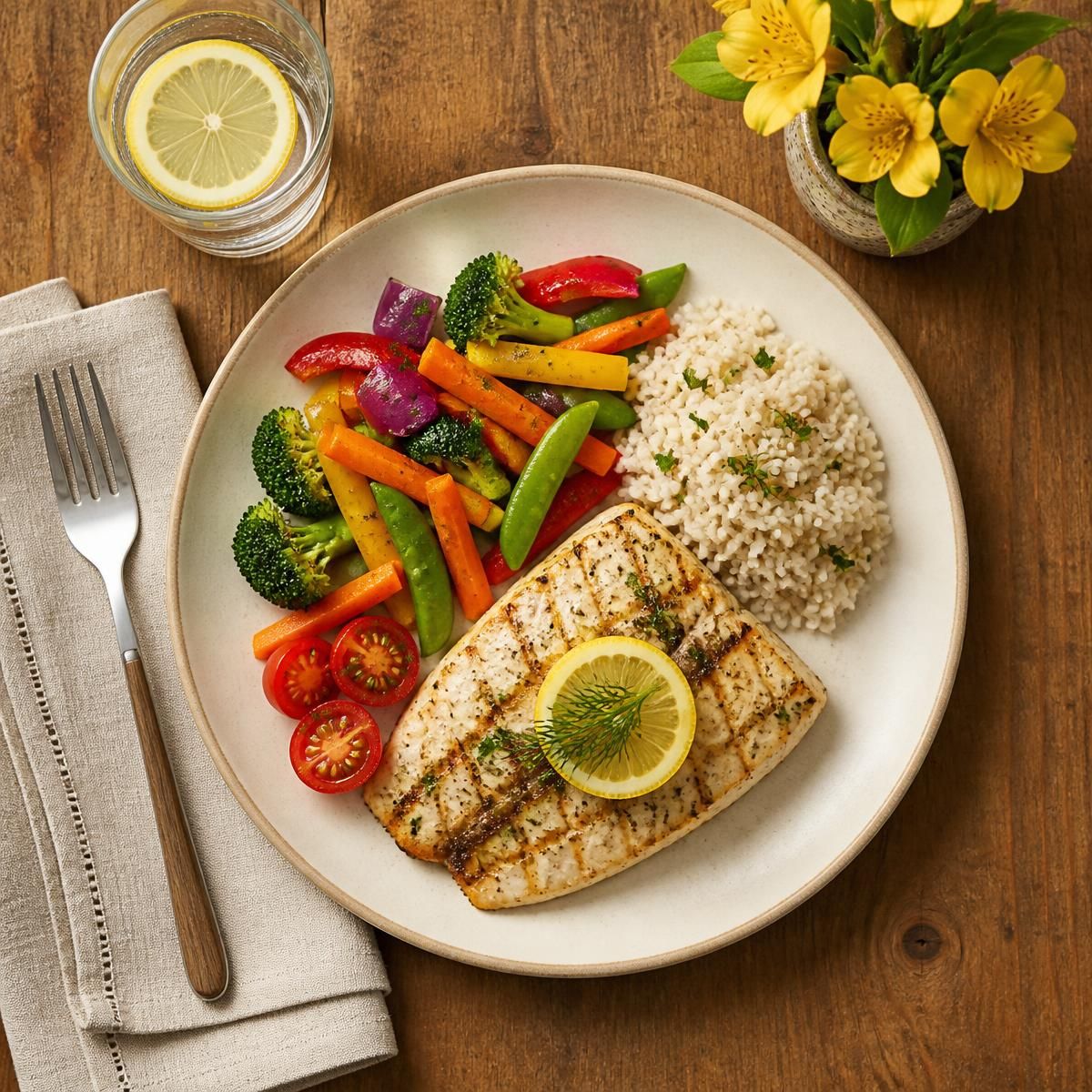 Prato equilibrado de peixe grelhado, legumes coloridos e arroz servido em cerâmica clara